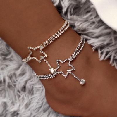 China Luxury Fashion Trendy Summer Diamond Inset Star Pendant Anklets Double Layer Beach Iced Out Ankle Chain Bracelet Women Body Jewelry for sale