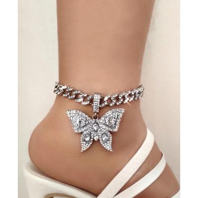 China Fashionable Sparkling Hip Hop Jewelry Full Rhinestone Pave Butterfly Charm Anklet For Women Butterfly Anklet Chain for sale