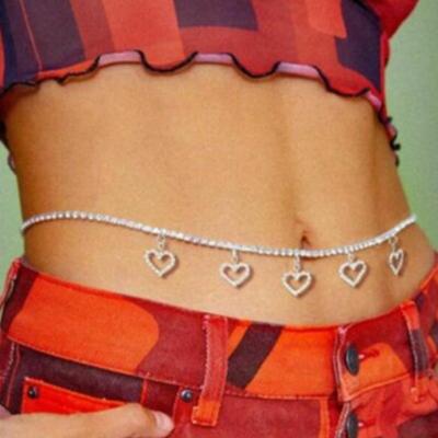 China 2021 Sexy Bling High Quality Rhinestone Waist Chain Heart Shape Bikini Love Heart Charm Body Chain for sale