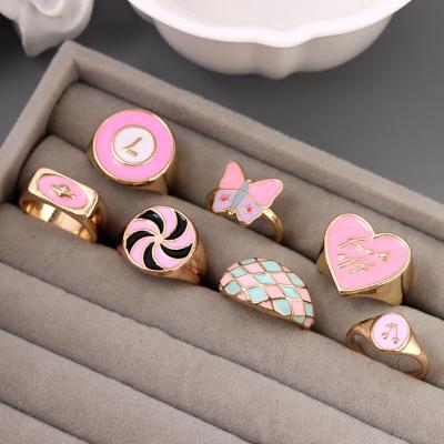 China 2021 Love Heart Enamel Regular Mushroom Cherry Chunky Finger Rings Women Girls Gifts Trendy Pink Color Jewelry for sale