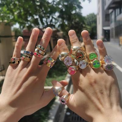 China Y2k TRENDY Jewelry Smile Face Flower Rings For Women Chunky Candy Color Enamel Star Yin Yang Round Alien Rings for sale