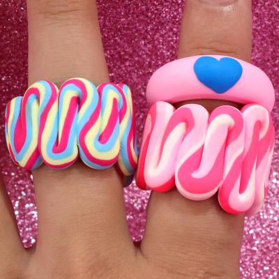 China 2021 TRENDY High Quality Jewelry Finger Shape Wholesale Colorful Polymer Clay Rings Handmade Chunky Stripe Heart Ring For Women Girls for sale