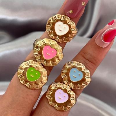 China Fashion TRENDY Fine Gold Plated Jewelry Heart Shaped Happy Face Stacking Rings Smiley Enamel Chunky Rings Women for sale