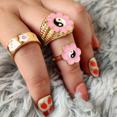 China TRENDY Hot Sale 18k Gold Plated Pink Enamel Stacking Rings Shape Cute Sunflower Ying Yang Ring For Women Girls for sale