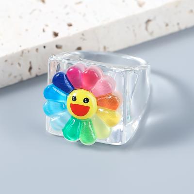 China CLASSIC Popular Smiley Flower Girl Resin Candy Color Hip-Hop Couples Ring Male Bracelet Ring for sale