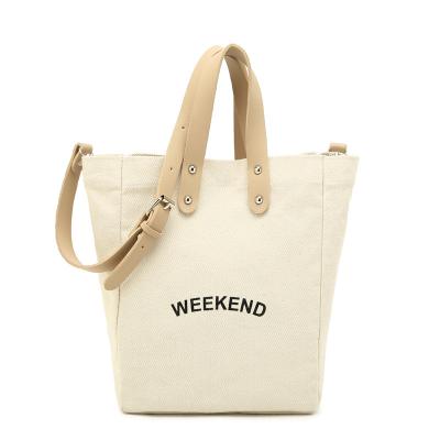 China Custom Japan Style PU Handle Logo Canvas Shoulder Bag With Pocket Hot Sales Fashion Travel Tote Shopping Bag for sale