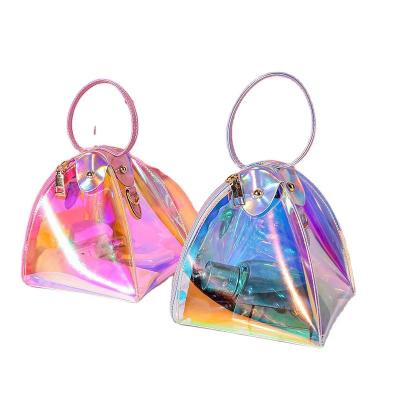 China Portable Waterproof Hologram Lady Cosmetic Storage Bag Girls Transparent Chains Shoulder Cross Body Bag TPU Custom Jelly Handbag for sale