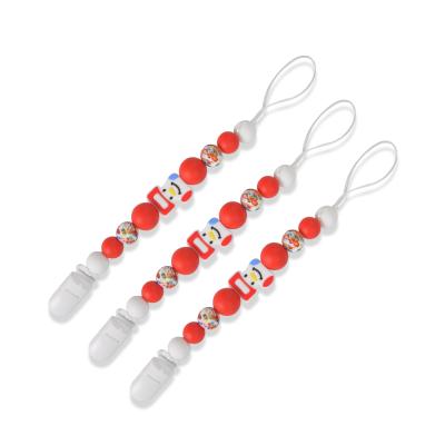 China Baby Free Wholesale Custom Chewable Beaded Silicone Christmas Stocking Holder BPA Food Grade Soother Pacifier Chain Clips for sale