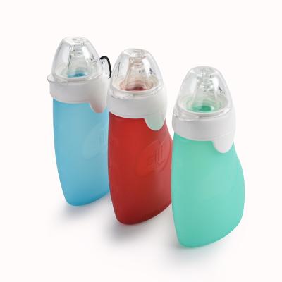 China Unique Design Leakproof Bottle BPA Free Silicone Reusable Food Pouch Newborn Baby Feeder Feeding Bottle for sale