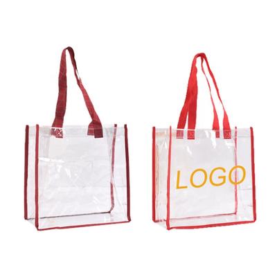 China Waterproof PVC Tote Bag Logo Printing Custom Flat Bottom Shopping Bag Packaging Tote Bag Reusable Clear Transparent for sale