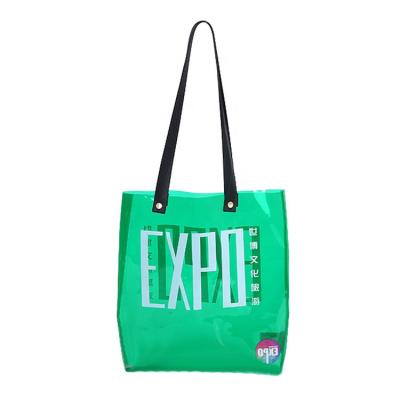 China Waterproof Customize Logo PVC Tote Bag Green Clear Hot Pressing Plastic Shopping Bag With Long Handle Green Shopping Bag for sale