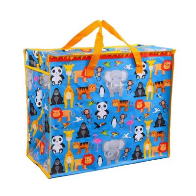 China Durable Cartoon Printed Kids Toy Clothes Storage Bag Custom Zipper Tote Bag Large PP Woven Zipper Bag for sale