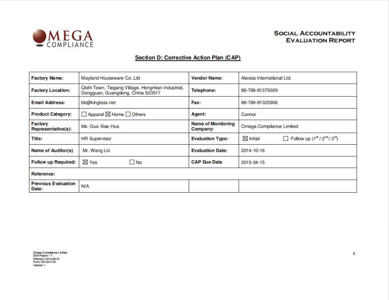 SOCIAL ACCOUNTABILITY EVALUATION REPORT - Mayland Houseware Company Limited