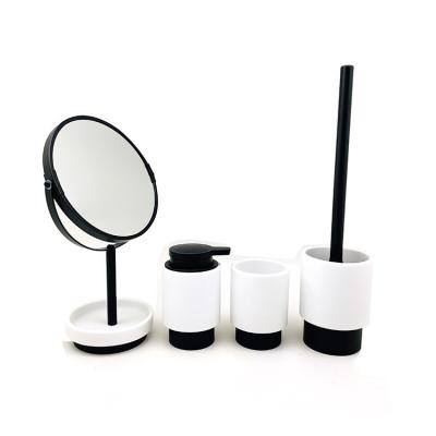 China White Sand Stone Polyresin Bathroom Accessories Set Round Tumbler Holder With Black Metal for sale