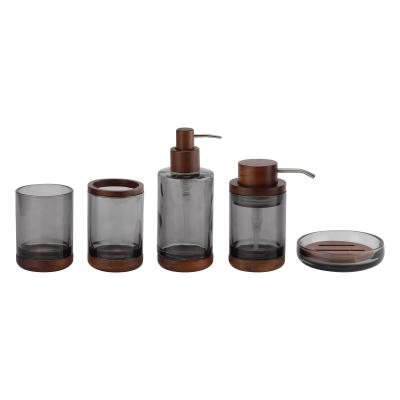 China Acacia Wood Glass Bathroom Accessories With Natural Soap Dispenser Pump Head for sale