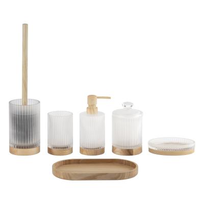 China Frosted Glass Bathroom Shower Accessories Set Lotion Pump Containers Natural Wooden Parts for sale