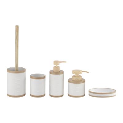 China White Polyresin Bathroom Set Five-Piece Set With Hand Painted Wooden Rim for sale