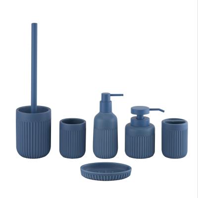 China Blue Ceramic Bathroom accessories set round shape vertical stripe bathroom countertop accessories for sale