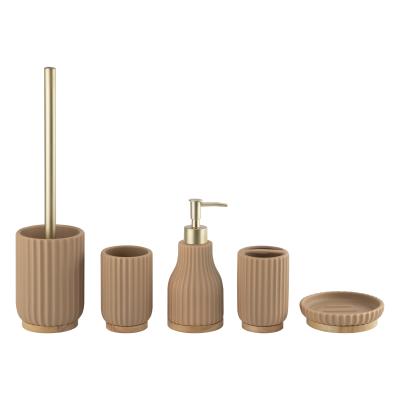 China Khaki Vertical Stripes Ceramic Bathroom Accessories Set Gold Parts Foaming Soap Dispenser Ceramic for sale