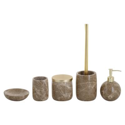 China Dark Emperado Marble Bathroom Accessories Set Ball Shape Marble Toothbrush Holder With Gold Parts for sale