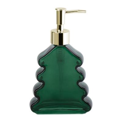 China Green Bath Soap Dispenser Glass Lotion Dispenser BSCI Tree Shape Glass Bathroom Soap Dispenser Golden Pump Head for sale