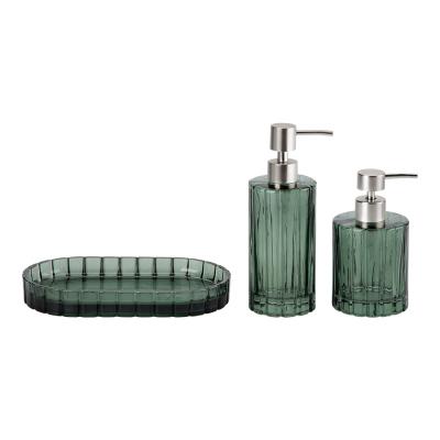 China Ribbed Glass Bathroom Accessories 3pcs Set Green Color With Vertical Stripe Silver Mat Pump Head Parts for sale