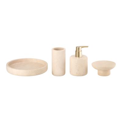 중국 4PCS Luxury Nature Marble Bathroom Accessories Set Round Gold Color Lotion Pump Tumbler 판매용