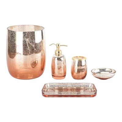 China Bathroom Accessories Set Ombre Mercury Orange Gold Pump Soap Dispenser Tumbler Soap Dish Towel Tray Waste Bin for sale