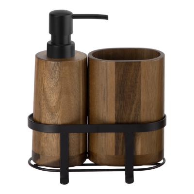 Chine Brown 2pcs Bath Kit Wooden Soap Dispenser With Black ABS Pump Oval Toothbrush Holder Black Metal Rack Wooden Texture à vendre