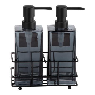 China Charcoal Twins Glass Soap Dispenser Square ABS Pump Head Wire Rack Liquid Soap Dispenser Pump for sale