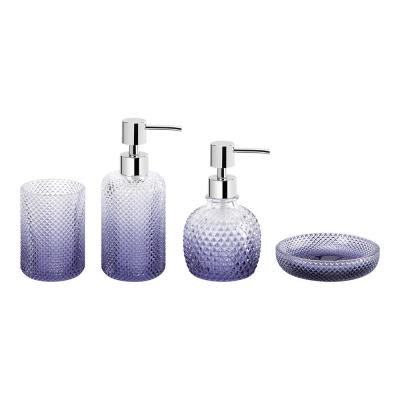 China Glass Bathroom Accessories Set Luxury Ombre Blue Round Shape Diamond Pattern Lotion Pump Bottle Two Size for sale