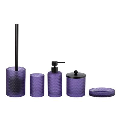 China 5pcs Glass Bathroom Accessories Set Purple Round Shape With Diamond Pattern Lotion Pump Bottle Tumbler for sale