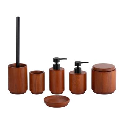 China Natural OAK Wooden Bathroom Accessories Set Round Shape Black Pump Head Toothbrush Cup Bathroom Sets Wooden Soap Dish for sale