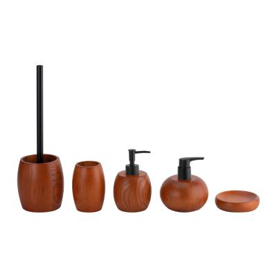 China Brown Ashwood Bathroom Countertop Accessories Round Shape Black Pump Toothbrush Cup Bathroom Kits Soap Dispenser for sale