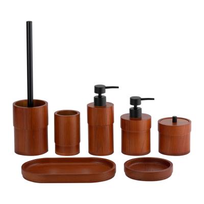 China Brown OAK Bathroom Countertop Accessories Set Round Shape Black Pump Soap Dispenser for sale