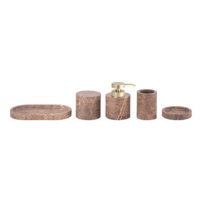 China Nature Brown Marble Bathroom Set Round Marble Hand Soap Dispenser Bathroom Countertop Accessories Set for sale