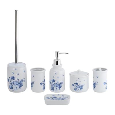 China Ceramic Bathroom Accessories Sets Round Shape White With Floral Decal Print Luxury Soap Dispenser Bath Sets for sale