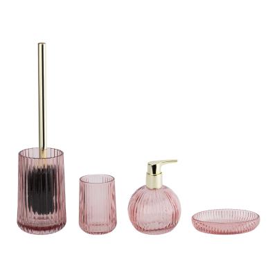 China Pink Glass Bathroom Sets Pumpkin Shape Vertical Stripe Glass Lotion Dispenser Bottle Bathroom Countertop Accessories for sale