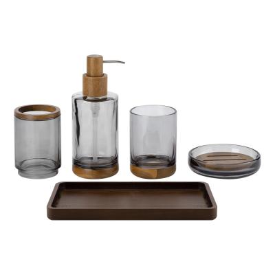 China Glass Bathroom Sets Bath Kits Smoke Color Round Shape Wood Part Glass Bathroom Soap Dispenser for sale