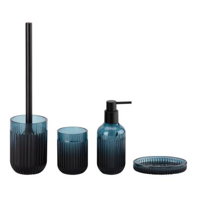 China Glass bathroom set pale blue bathroom accessories round shape with ribbed vertical stripe glass soap dispenser homeware products hand soap bottle washroom accessories for sale