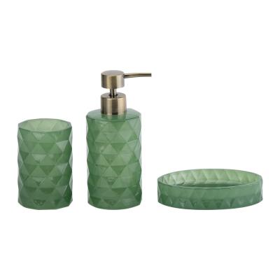 China Glass Bathroom Accessories set green color round shape with diamond pattern glass soap dispenser hand soap bottle soap dish for bathroom for sale