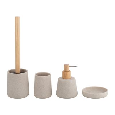 China Sandstone Bathroom Accessories Set with Wooden Pump Head Soap Dish Holder and Toilet Brushes in Round Taper Shape Design for sale