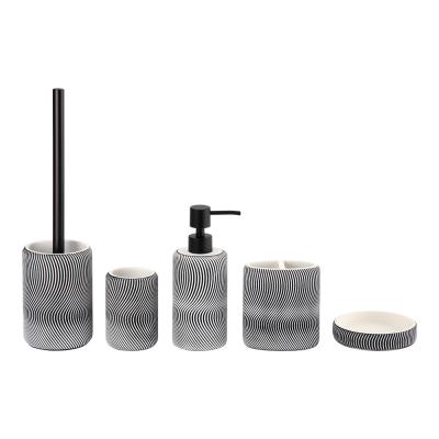 Китай Sand stone bath accessories sets round & oval shape white color with balck swirl pattern hand wash dispenser bowl brush toothbrush tumbler holder продается