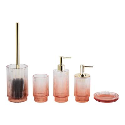 China Ombre orange glass modern bath accessories with round shape and ribbed vertical stripe bathroom soap set toilet brushes soap dish for bathroom for sale