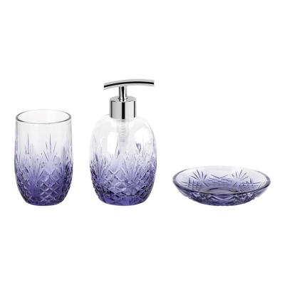 China Ombre Orange Luxury Glass Bath Accessories Round Shape With Leaf Pattern Hand Soap Bottle Toothbrush Cup Soap Dish Holder for sale