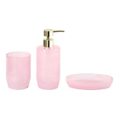 China Trübe rosa Glas modernes Badezimmer Zubehör Set runden Form Hand Seife Spender Seife Schüssel für Dusche zu verkaufen