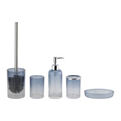 China Glass bathroom countertop accessories ombre blue round shape with bubble effect toilet brushes bathroom toothbrush holder tumbler soap dish for sale