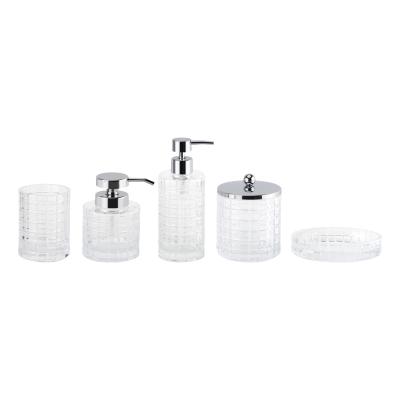 China Glass bathroom countertop accessories clear round shape with big checker box cotton jar bathroom tumbler soap dish for sale