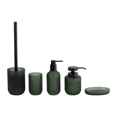 China Glass bathroom countertop accessories dark green round shape with ribbed vertical stripe modern bath accessories soap dish for bathroom toothbrush tumbler holder for sale