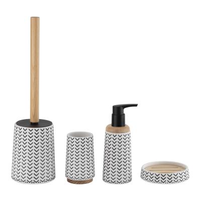 China White Polyresin Bathroom Countertop Accessories Round Taper Shape With Wood Part Toilet Accessories Set Toilet Brushes Hand Wash Dispenser for sale